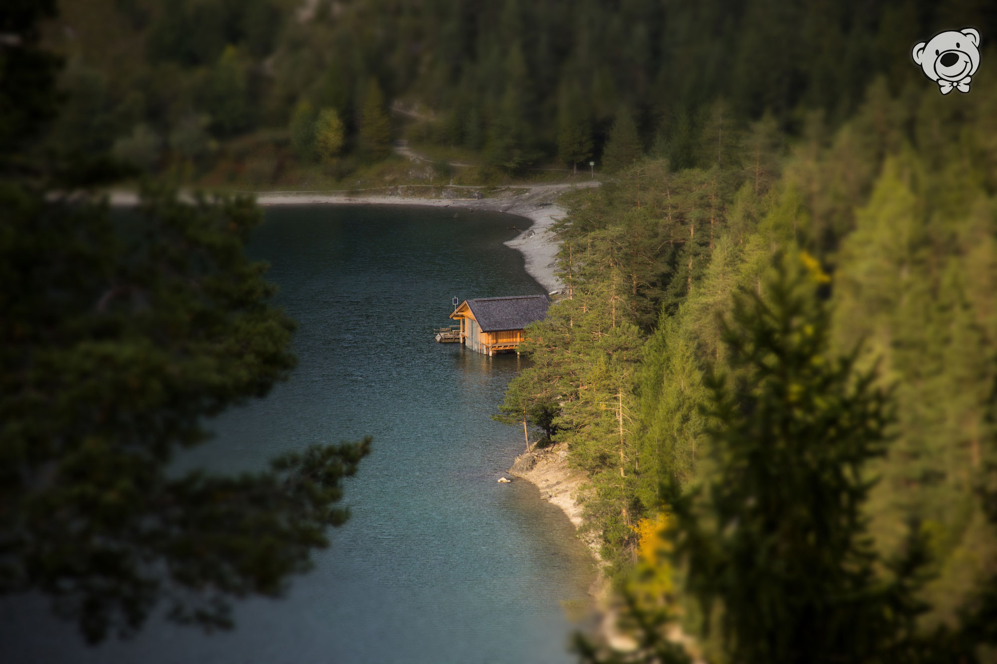 Hütte Blindsee in Österreich, viele Bäume und umgeben von Bergen
