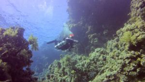 SIdemount Taucher Unterwasser im Roten Meer in Ägypten schöens Riff mit vielen Fischen